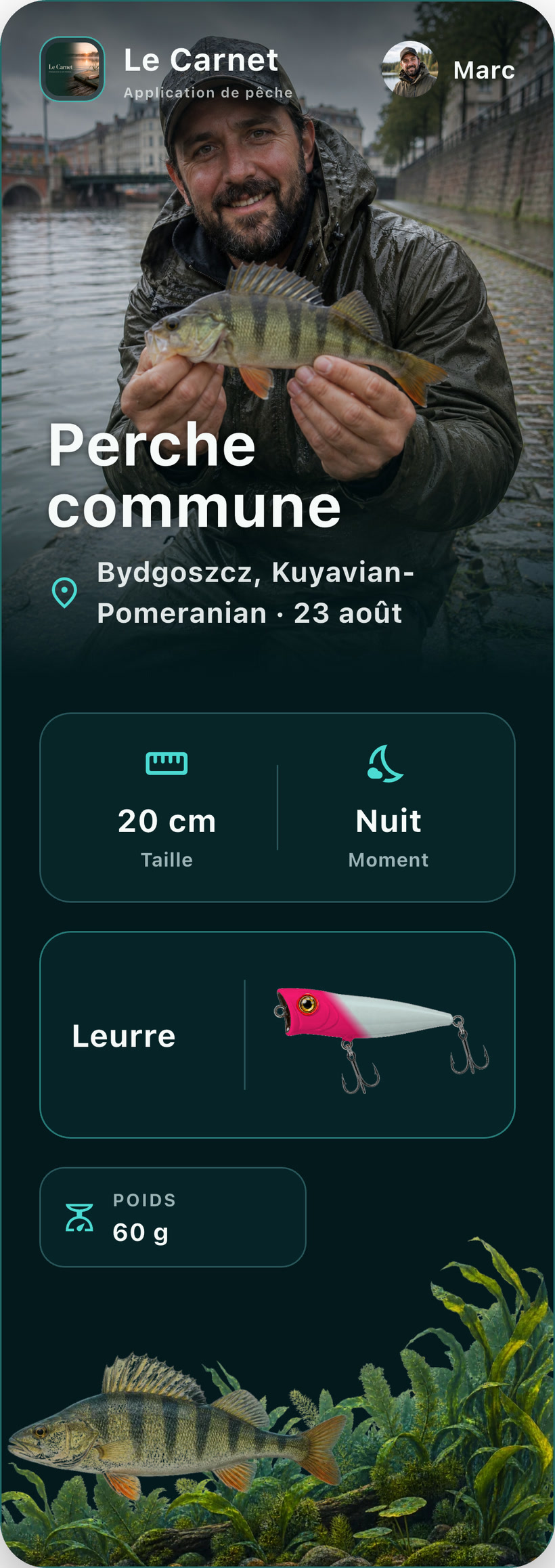 Fiche détaillée d’une prise de perche dans l’application Le Carnet