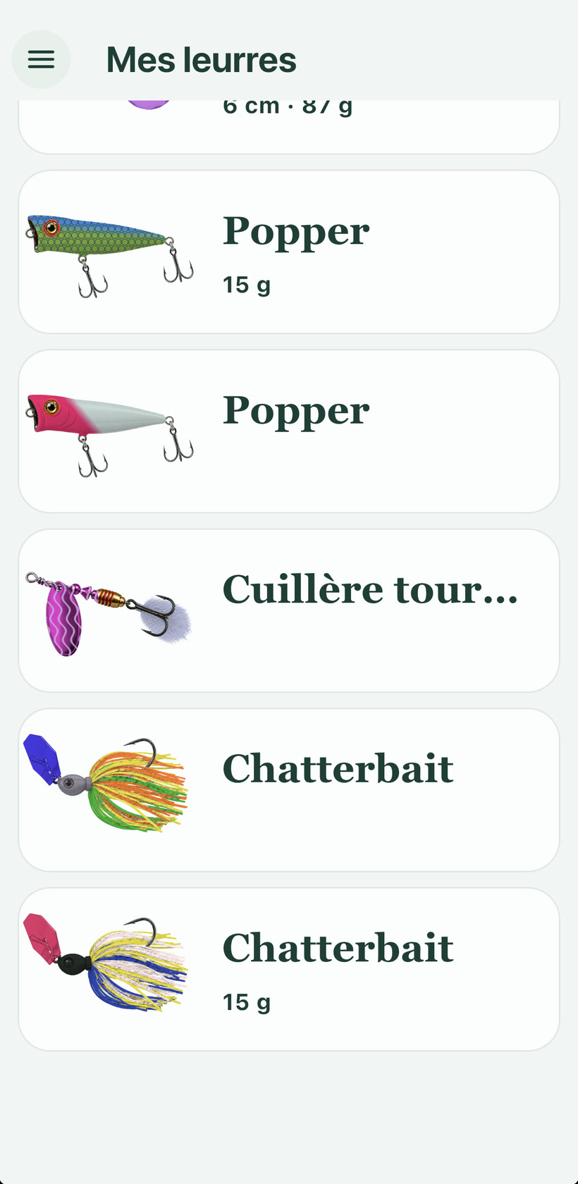 Bibliothèque de leurres enregistrés dans l’application Le Carnet sur iPhone